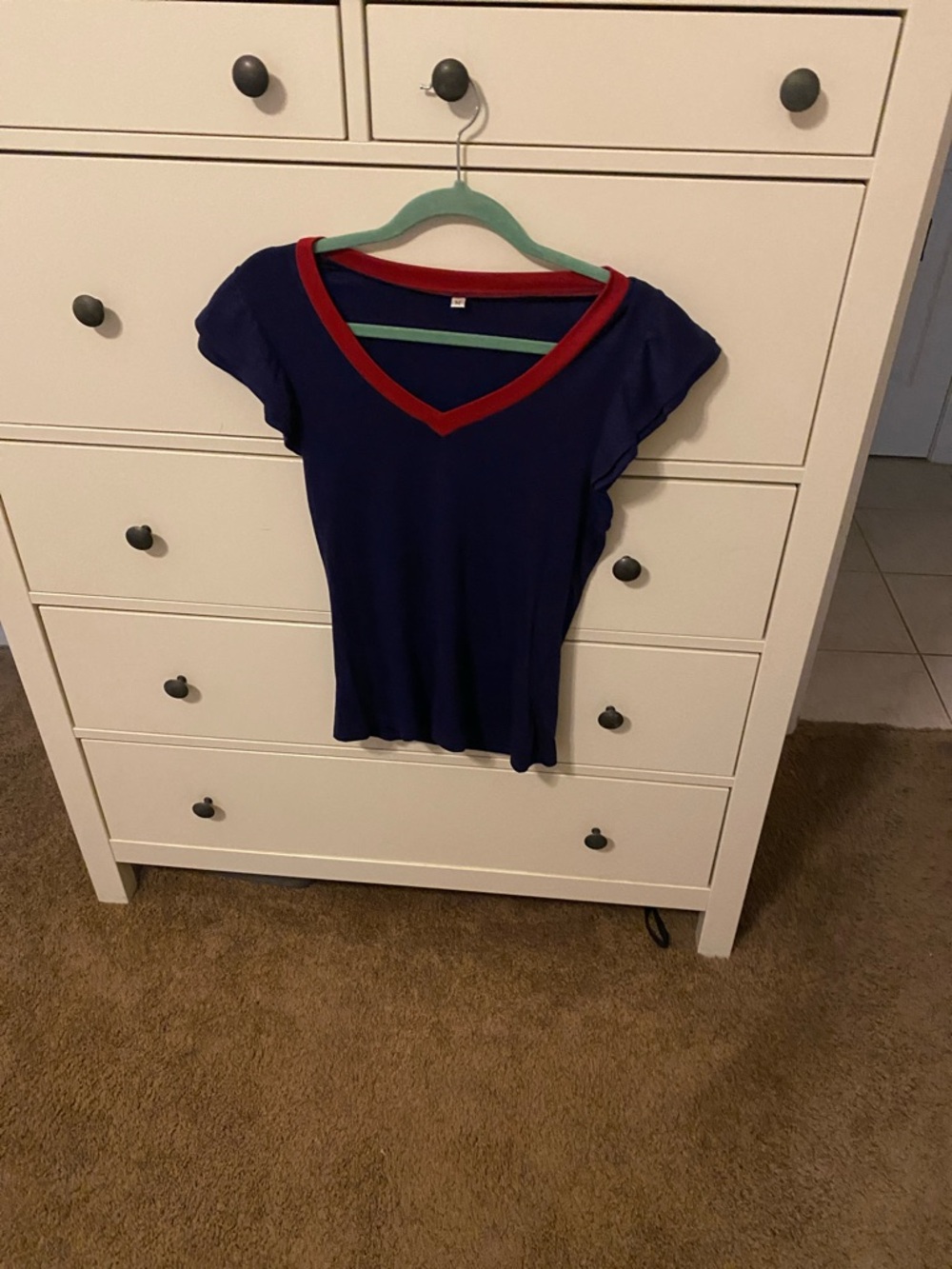 Amazon Women's Navy V-Neck Tee with Red Trim